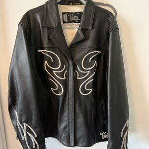 Victory Motorcycles Black Leather Jacket with White Embroidered Design